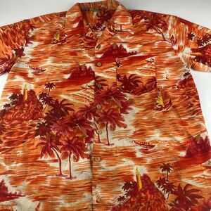Roundy Bay Hawaiian Shirt Mens XL Orange Scenic Sailboat Palm Island Aloha